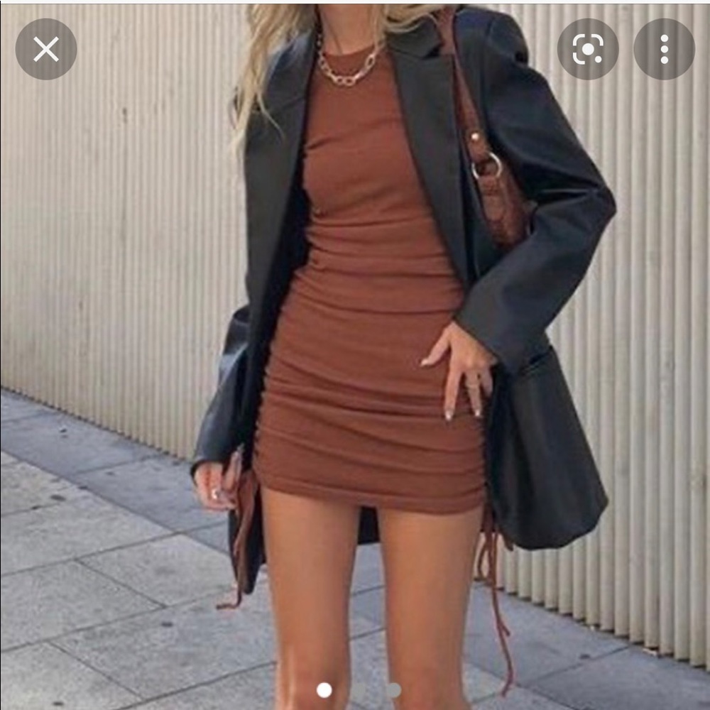 Zara Brown Ribbed Ruched Dress